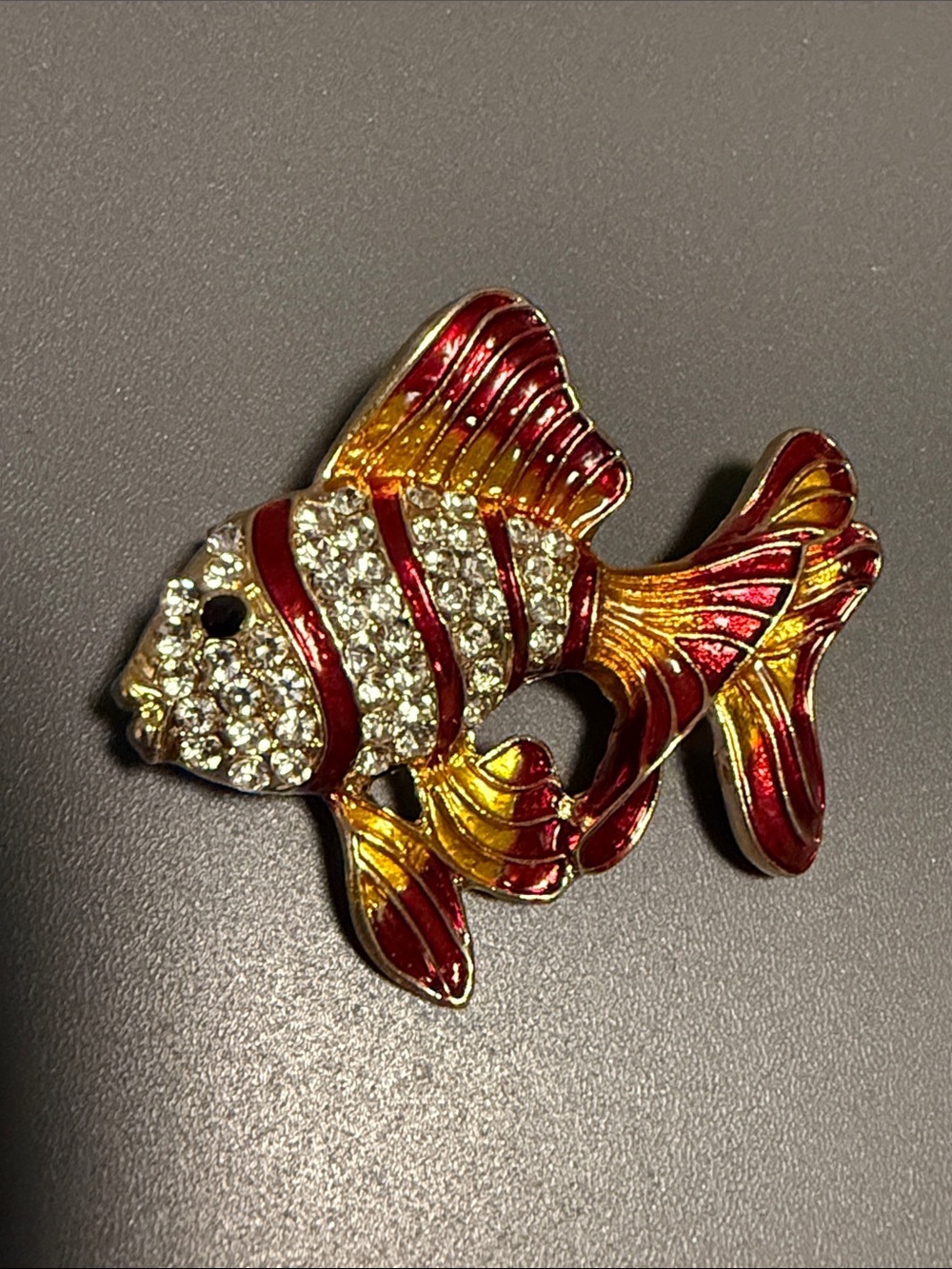 Gold tone, red enamel, beta fish, rhinestone brooch
